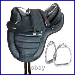 15 Inch Black Treeless Bareback Synthetic Horse Saddle + Girth + Stirrups