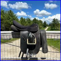 17 Thorowgood Synthetic Dressage Saddle with Stirrup Leathers & Stirrups, Black