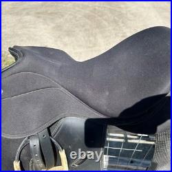 17 Thorowgood Synthetic Dressage Saddle with Stirrup Leathers & Stirrups, Black