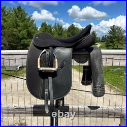 17 Thorowgood Synthetic Dressage Saddle with Stirrup Leathers & Stirrups, Black