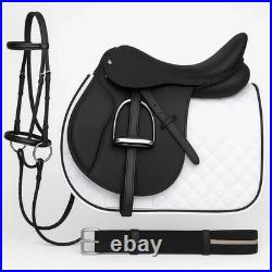 Black English Saddle Set Synthetic Saddle, Bridle, Girth & Stirrups for Riding