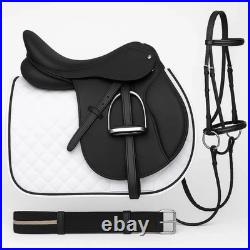 Black English Saddle Set Synthetic Saddle, Bridle, Girth & Stirrups for Riding