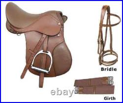 Brown Jumping Dressage Leather Horse Saddle With Girth & Bridle Set Size 14-18
