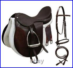 Jumping Dressage Leather Horse Saddle Pad With Girth & Bridle Set Size 14 -18