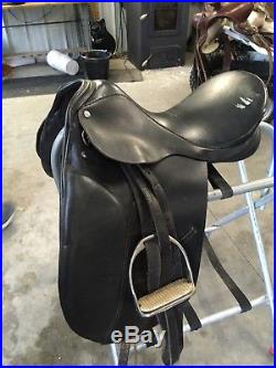 Non branded 17 dressage saddle with 2 pads, 32 girth, irons and leathers