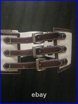 SM Women's Belt 3 Buckle Western Cinch White 20% Leather 40% Cotton 40% Linen