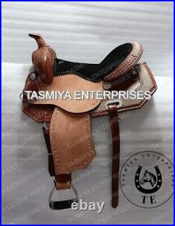 Western Barrel Leather Saddle With Headstall, Breast Collar, Front & Back Cinch
