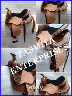 Western Barrel Leather Saddle With Headstall, Breast Collar, Front & Back Cinch