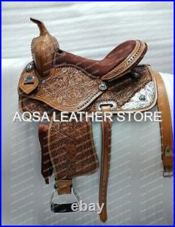 Western Leather Barrel Saddle With Free Headstall, Breast Collar, Reins & Cinch