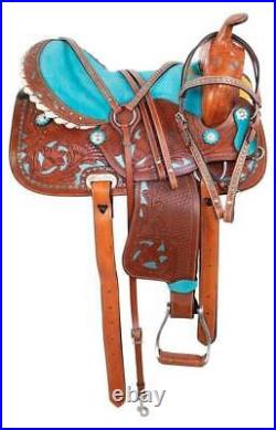 Western leather Horse Barrel Saddle with Headstall Breastplate Reins 12-18